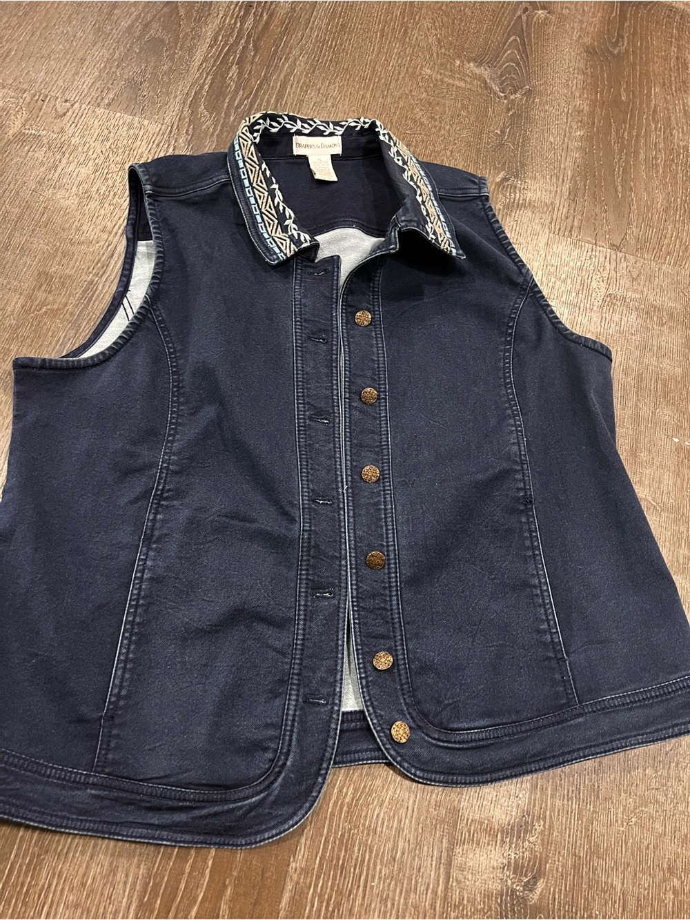 Talbots Navy Denim Sleeveless Vest with Patterned Collar